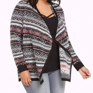 Torrid Fair Isle Knit Draped Open Front Cardigan Long Sleeve Black Pink Size 1X